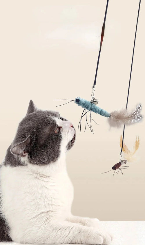Luxury Cat Teasing Wand with Dragonfly Feather Head Handmade Insect Style Replacement Toy Interactive Play Pet Supplies